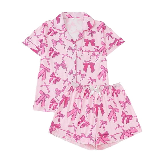 WIBACKER S-2XL Womens Pajamas Set Short Sleeve Pjs Button Down 2 Piece Loungewear Sets Pink Bowknot Sleepwear