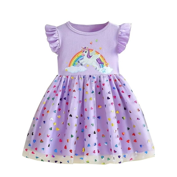 WIBACKER Sequin Toddler Girls Summer Dress Ruffled Sleeve Tulle Unicorn Dress 1-8 Years