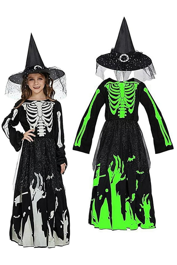 Skeleton Ghost Witch Costume for Girls, Glow in The Dark Dress with Hat, Kids Halloween Witchy Fearsome Dress Up