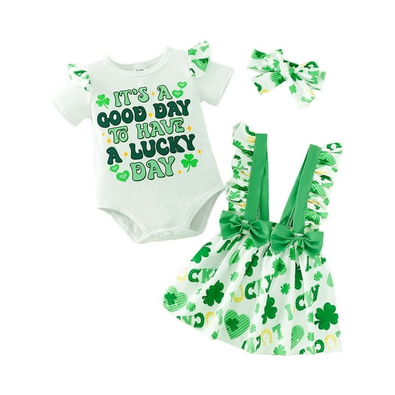 WIBACKER St. Patrick's Day Cute Baby Girls Outfits Set Ruffled Short Sleeve Romper + Clover Suspender Skirt + Headband