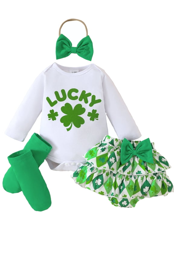 St Patricks Day Baby Girl Outfit Lucky Print Romper+Tutu Clover Skirts+Leg Warmers+Headband Spring Clothes