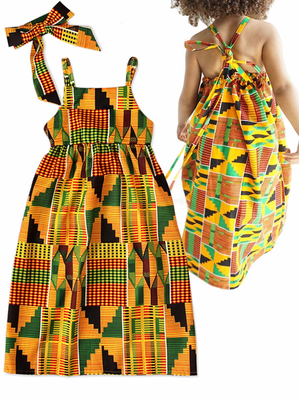 WIBACKER Summer Girls African Print Dresses Toddler Kids Sleeveless Back Tie Beach Sundress with Headband 2 8Y