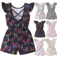 thumbnail image 1 of WIBACKER Summer Girls' Jumpsuit Kids Butterfly Print Crew Neck Romper Backless Sleeveless Stretchy Short, 1 of 12