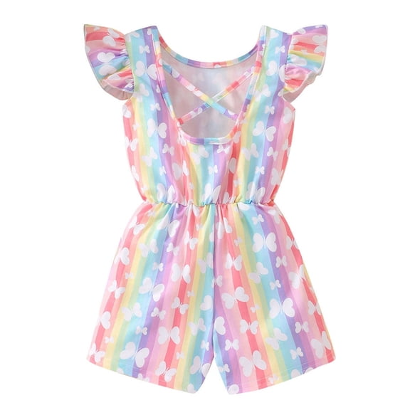 WIBACKER Summer Girls' Jumpsuit Kids Rainbow Print Crew Neck Romper Backless Sleeveless Stretchy Short