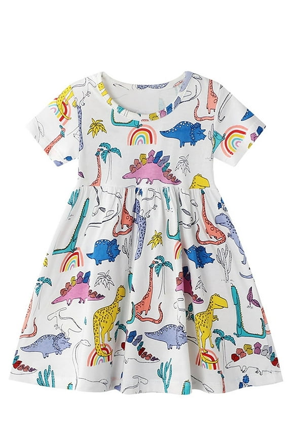 Summer Little Girl's Casual Short Sleeve Cartoon Dresses Dinosaur 4T
