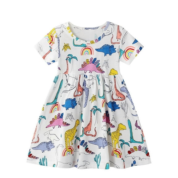 WIBACKER Summer Toddler Girl's Casual Short Sleeve Cartoon Dresses Dinosaur 2T