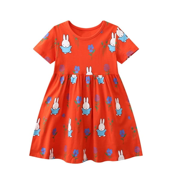 WIBACKER Summer Toddler Kids Girl's Casual Short Sleeve Cartoon Dresses Rabbit 7T