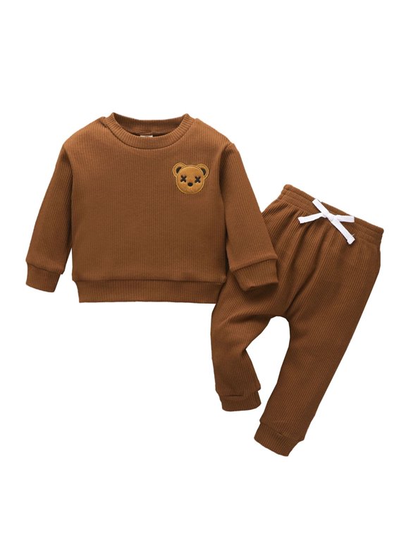 Toddler Baby Boy Fall Winter Clothes Cartoon Bear Long Sleeve Knitted Pullover Tops+Pants Outfit Set