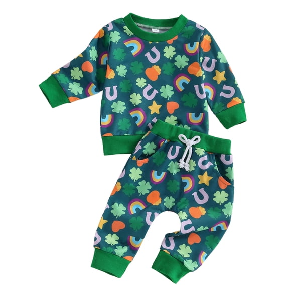 WIBACKER Toddler Baby Boy St. Patrick’s Day Clothes Girls Long Sleeve Pullover Sweatshirt Jogger Pants Infant Clover Outfit