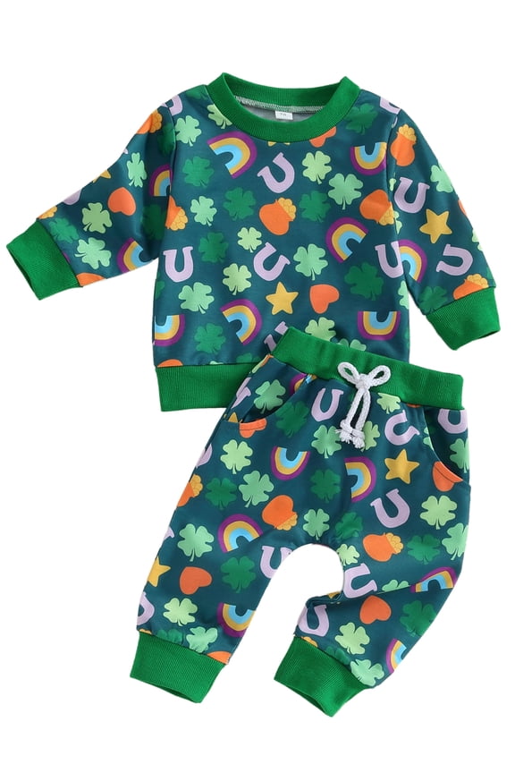 Toddler Baby Boy St. Patrick’s Day Clothes Girls Long Sleeve Pullover Sweatshirt Jogger Pants Infant Clover Outfit