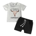 thumbnail image 1 of WIBACKER Toddler Baby Boy Western Cowboy Casual Outfit Short Sleeve Tops + Shorts Set Summer Clothes, 1 of 5