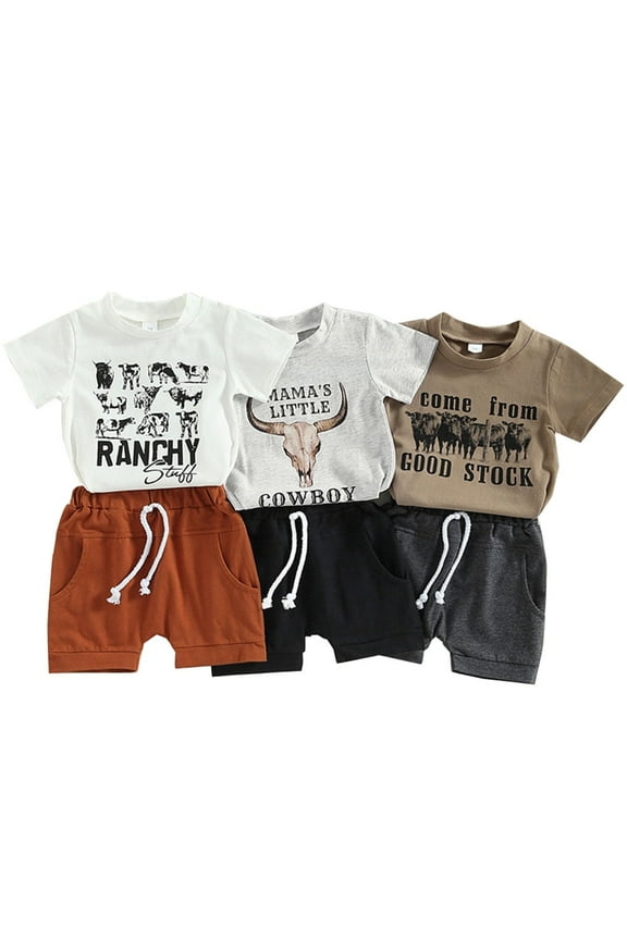Toddler Baby Boy Western Cowboy Casual Outfit Short Sleeve Tops + Shorts Set Summer Clothes