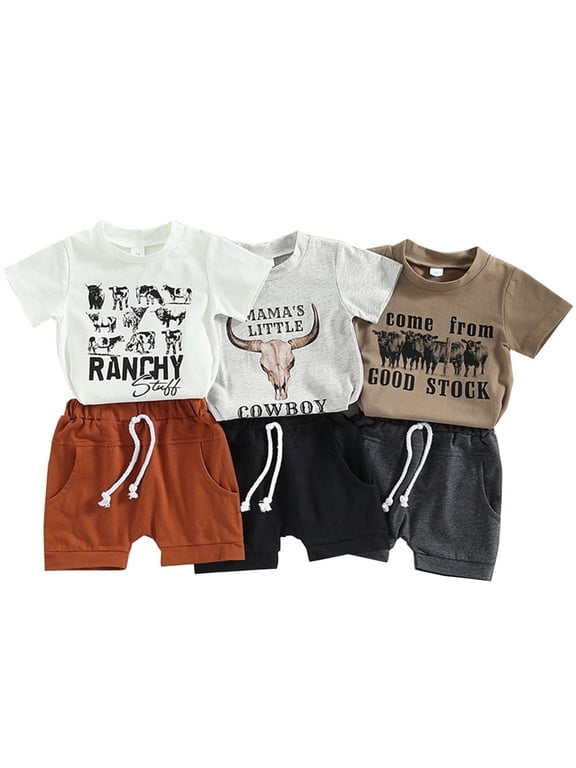 Toddler Baby Boy Western Cowboy Casual Outfit Short Sleeve Tops + Shorts Set 2PCS Summer Clothes