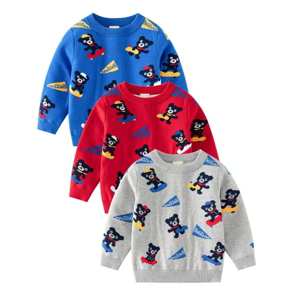 WIBACKER Toddler & Baby Boys Cartoon Bear Crewneck Sweater Little Kids Knit Pullover Tops, Gray 2T