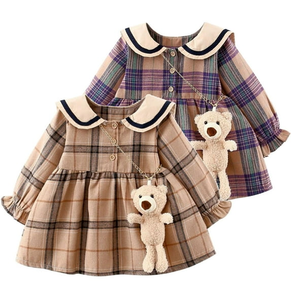 WIBACKER Toddler Baby Girl Fall Winter Mini Dress Long Sleeve Plaid Holiday Party Dress with Bear Toy