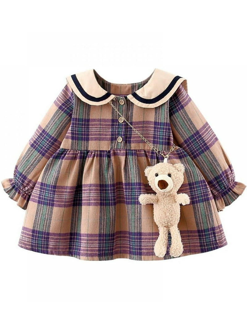Baby Plaid Dress with Bear Doll, Purple  6-12M - MiniOlie