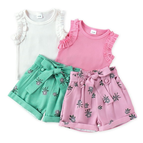 WIBACKER Toddler Baby Girl Sleeveless Clothes Tank Tops Ruffle Sleeve Floral Shorts 2 Piece Set Summer Outfits
