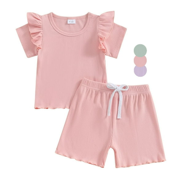 WIBACKER Toddler Baby Girl Summer Clothes Ruffle Ribbed Knit Short Sleeve T-Shirt Tops + Shorts Cute Outfits Set