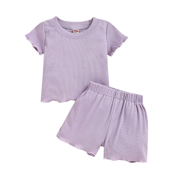 WIBACKER Toddler Baby Girl Summer Outfits Ruffle Ribbed Knit Short Sleeves T-Shirt Tops + Shorts Clothing Set