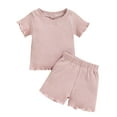thumbnail image 1 of WIBACKER Toddler Baby Girl Summer Outfits Ruffle Ribbed Knit Short Sleeves T-Shirt Tops + Shorts Clothing Set, 1 of 11