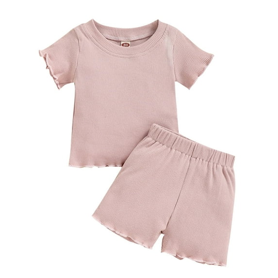 WIBACKER Toddler Baby Girl Summer Outfits Ruffle Ribbed Knit Short Sleeves T-Shirt Tops + Shorts Clothing Set