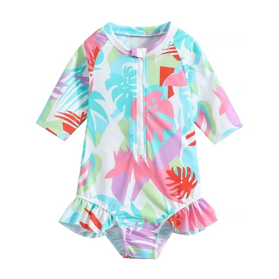 WIBACKER Toddler Baby Girls' One Piece Swimsuit Kids Leaf Long Sleeve Rash Guard Swimwear UPF 50+ Sun Protection