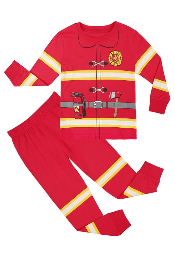 Toddler and Little Boys Fire Fighter Sleepwear Kids 100% Cotton Halloween Pajamas Set 2Pcs Pjs Cosplay 3T