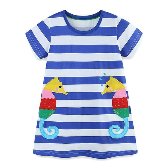 WIBACKER Toddler Girl Cotton Casual Dress Summer Short Sleeve Appliques Striped Tunic Playwear Shirt Dresses - Seahorse