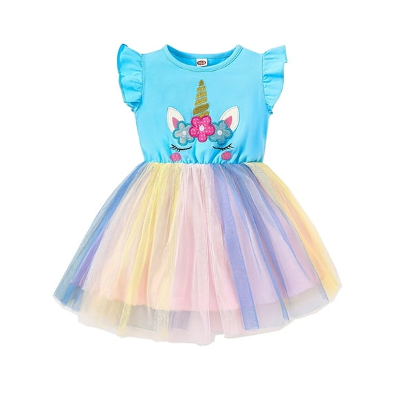 WIBACKER Toddler Girl Unicorn Dress Summer Fly Sleeve Tutu Party Wedding Birthday Dresses