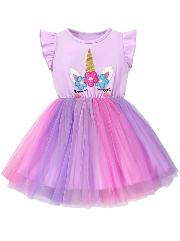 Toddler Girl Unicorn Dress Summer Fly Sleeve Tutu Party Wedding Birthday Dresses