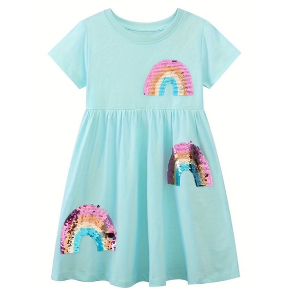 WIBACKER Toddler Girls' Casual A-Line Dress with Sequin Rainbow Appliques, 2T