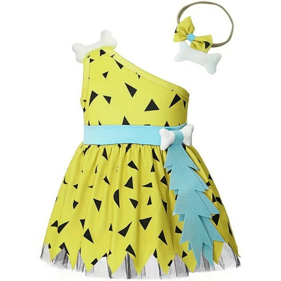 WIBACKER Toddler Girls Caveman Costume Historical Stone Age Cosplay Dress with Headband for Baby Girls Halloween Dress Up Party