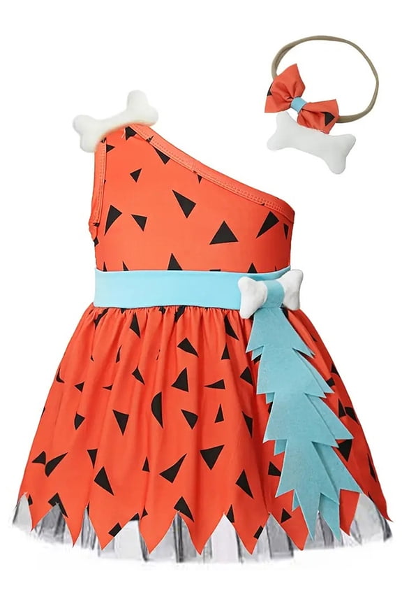 Toddler Girls Caveman Costume Historical Stone Age Cosplay Dress with Headband for Baby Girls Halloween Dress Up Party