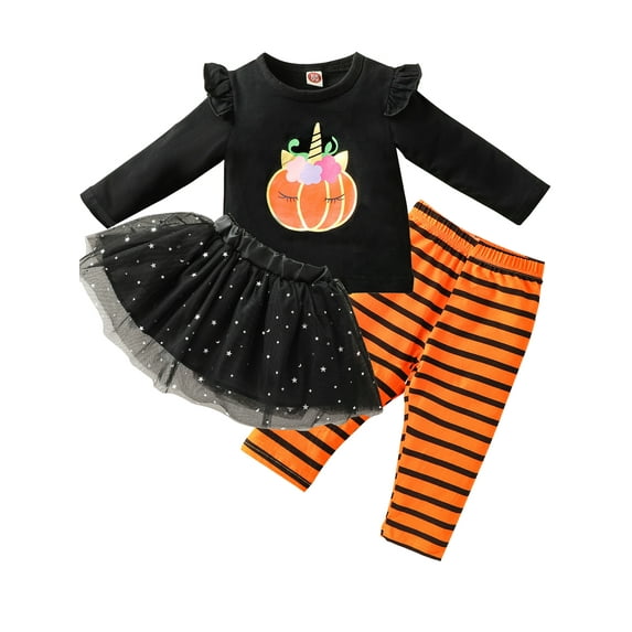 WIBACKER Toddler Girls Clothes 9M-4T Baby Girl Outfits Fall Winter Ruffles Long Sleeve Top+Pants+Skirts 3Pcs Halloween Pumpkin Clothing