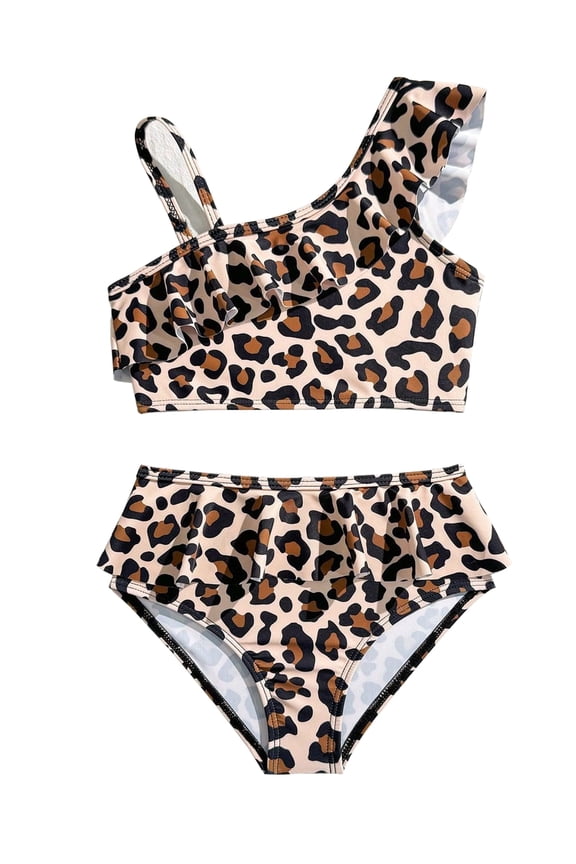 Toddler Girls Leopard Print Ruffle Bikini Set One Shoulder Flounce Swimsuit 2 Piece Tankini Bathing Suit Beach Swimwear 3-4 Years
