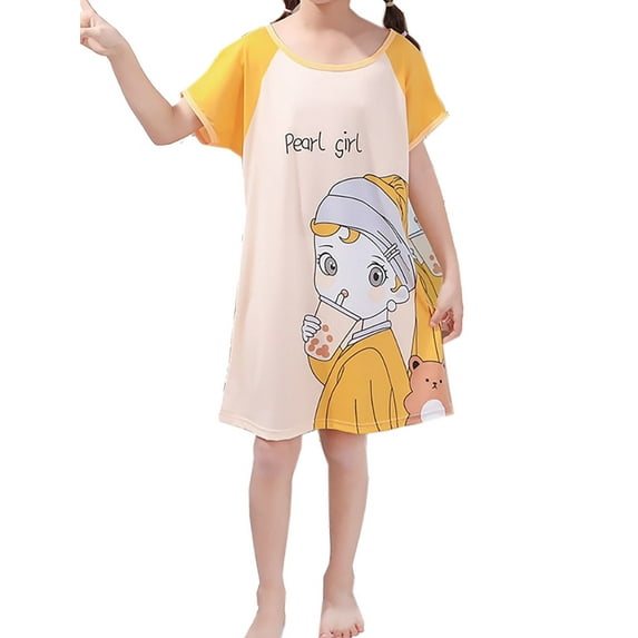 WIBACKER Toddler Girls Nightgowns 3-12 Years Milk Silk Short Sleeves Nightdress Kids Nightie Dress Sleepwear Pajamas