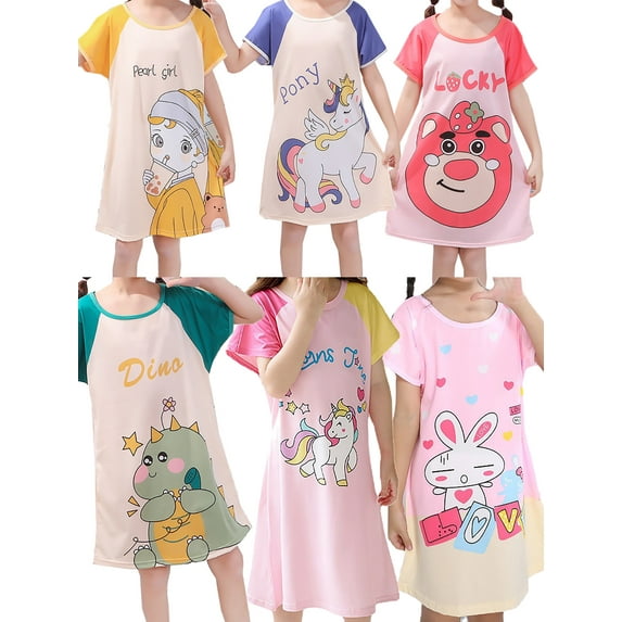 WIBACKER Toddler Girls Nightgowns 3-12 Years Milk Silk Short Sleeves Nightdress Kids Nightie Dress Sleepwear Pajamas