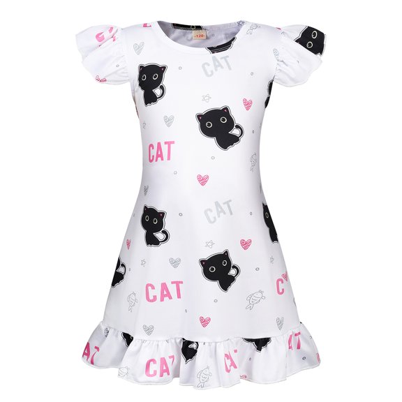WIBACKER Toddler Girls Nightgowns 3-9 Years Flutter Short Sleeves Nightdress Little Kids Sleepwear Cat Pajamas