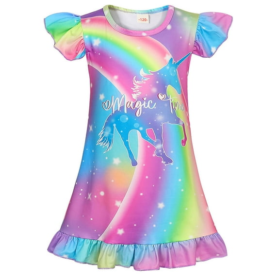 WIBACKER Toddler Girls Nightgowns 3-9 Years Flutter Short Sleeves Nightdress Little Kids Sleepwear Unicorn Pajamas