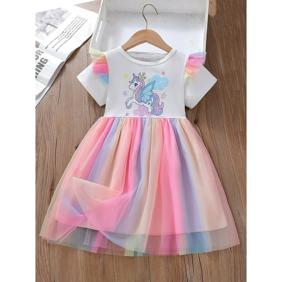 WIBACKER Toddler Girls Summer Dress Short Sleeve Tulle Rainbow Unicorn Dress 1-8 Years