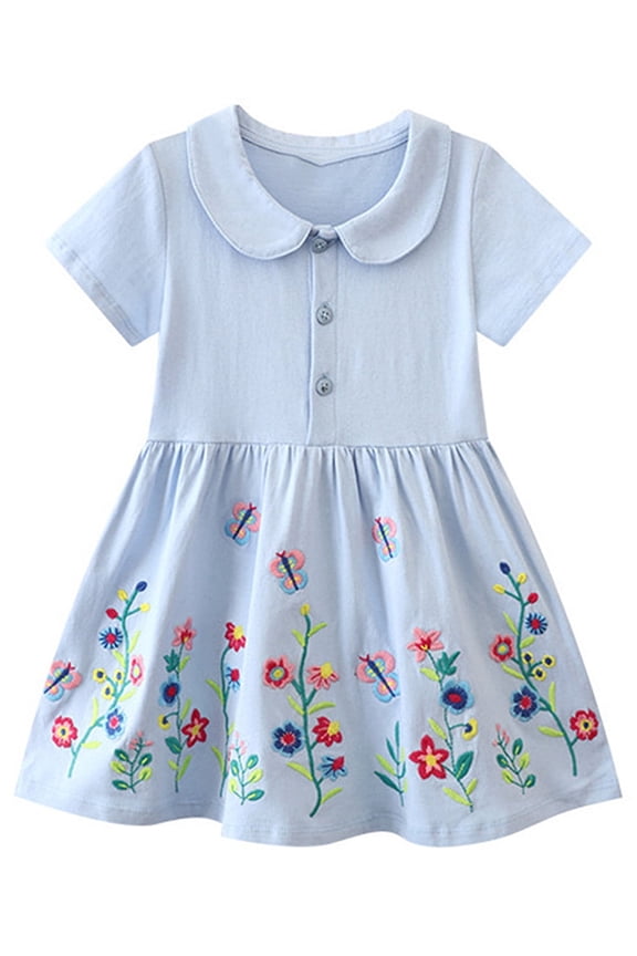 Toddler Kids Girl's Casual Dress Short Sleeve Cartoon Appliques Striped Tunic Dresses 2-7T