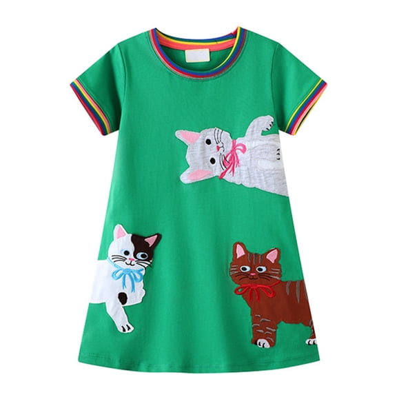 WIBACKER Toddler Kids Girl's Casual Dress Short Sleeve Cartoon Appliques Striped Tunic Dresses 2-7T