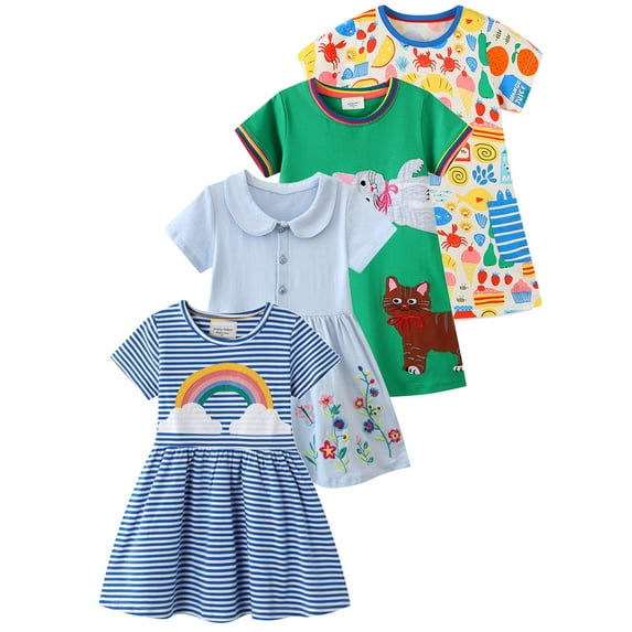WIBACKER Toddler Kids Girl's Casual Dress Short Sleeve Cartoon Appliques Striped Tunic Dresses 2-7T