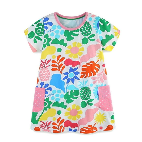 WIBACKER Toddler Kids Girl's Casual Dress Short Sleeve Flowers Tunic Dresses 2-7T