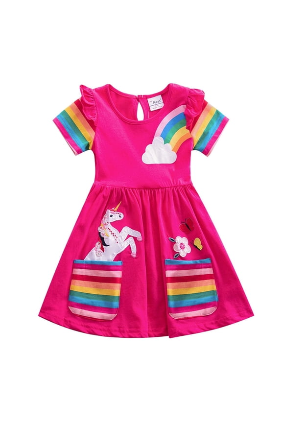 Toddler Kids Girl's Cotton Cartoon Rainbow Unicorn Dress Short Sleeve Casual Dresses-4T