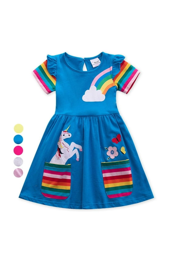 Toddler Kids Girl's Cotton Cartoon Rainbow Unicorn Dress Short Sleeve Casual Dresses-4T
