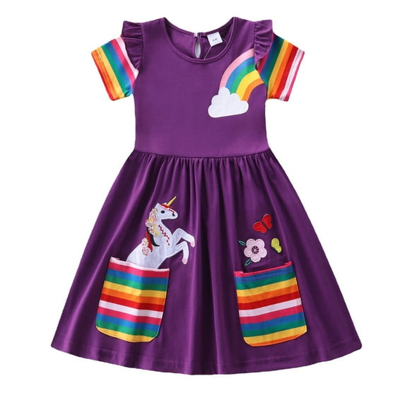 WIBACKER Toddler Kids Girl's Cotton Cartoon Rainbow Unicorn Dress Short Sleeve Casual Dresses-4T