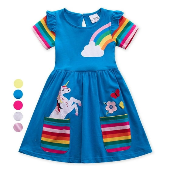 WIBACKER Toddler Kids Girl's Cotton Cartoon Rainbow Unicorn Dress Short Sleeve Casual Dresses-5T