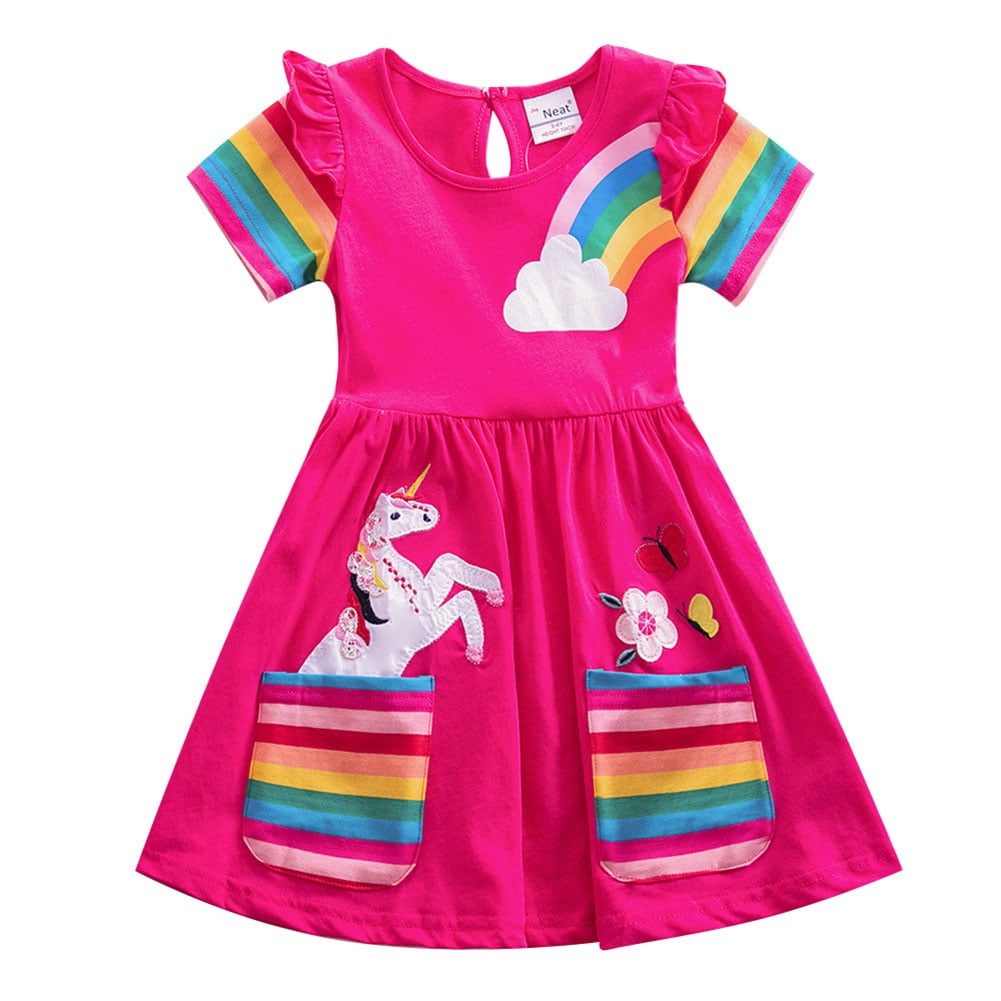 WIBACKER Toddler Kids Girl's Cotton Cartoon Rainbow Unicorn Dress Short Sleeve Casual Dresses6T
