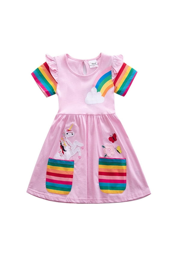 Toddler Kids Girl's Cotton Cartoon Rainbow Unicorn Dress Short Sleeve Casual Dresses-6T